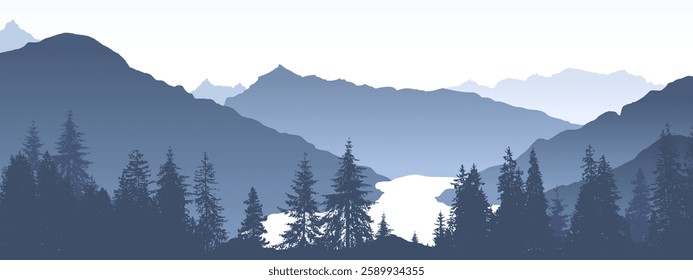Mountain landscape, forest background with lake silhouette