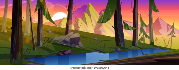Mountain landscape with forest and brook at sunset