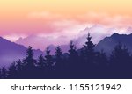 Mountain landscape with forest, clouds and fog between hills, under purple yellow sky with dawn - vector