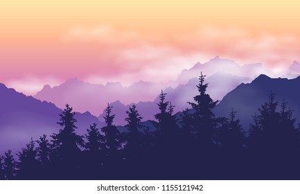 Mountain landscape with forest, clouds and fog between hills, under purple yellow sky with dawn - vector