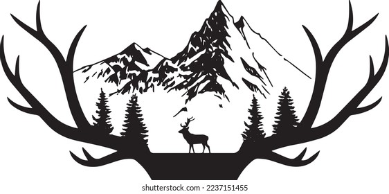  mountain landscape with forest and deer vector