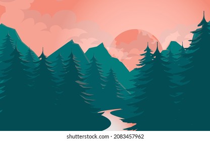 
Mountain landscape with forest in the evening and morning