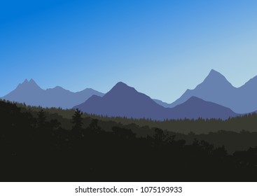 Mountain landscape with forest in foreground, under blue sky - vector with space for your text