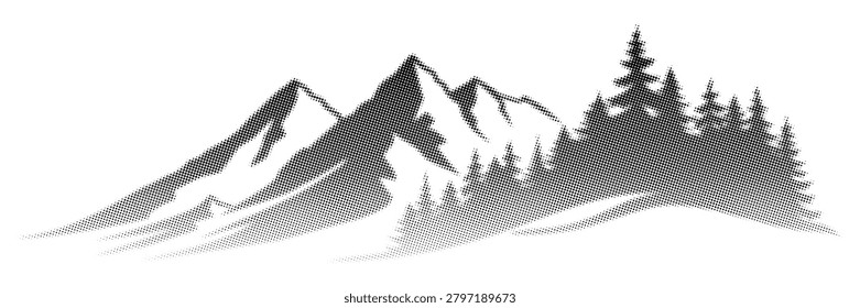 Mountain landscape with forest, halftone dots, fading dot effect, vector design