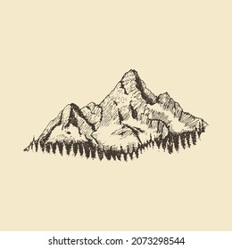 Ein Berg-Gipfel, Vektorskizze für Label, Poster etc. Ein Bergblick mit Wald, handgezeichnet Illustration.