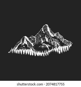 A mountain landscape with forest, hand drawn illustration. A mount peak, vector sketch for label, poster etc.