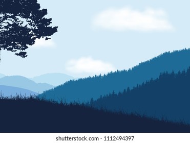 Mountain landscape with forest and hill with grass in foreground under blue sky with clouds - vector