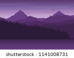 Mountain landscape with forest and hill on the shore of the lake, under morning or evening purple sky - vector