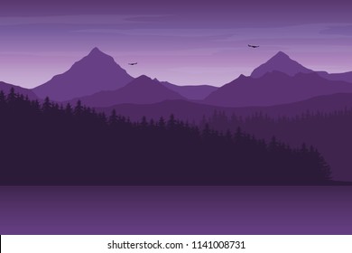 Mountain landscape with forest and hill on the shore of the lake, under morning or evening purple sky - vector