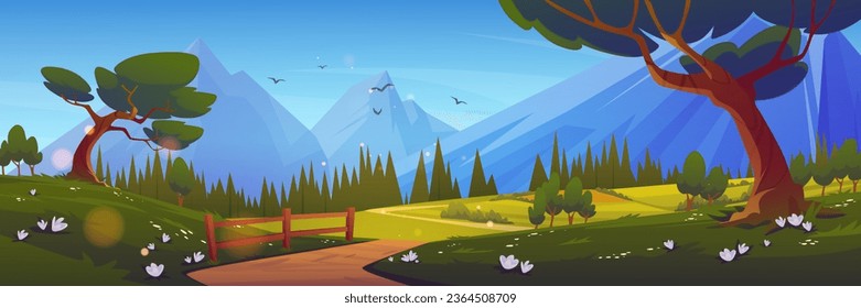 Mountain landscape with forest and meadow, rural path and fence. Cartoon vector horizontal background with nature - woods and hills, fields, walkway among green grass and flowers, clear blue sky.