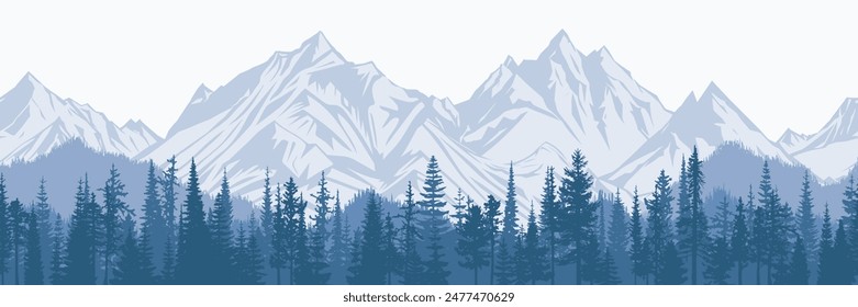 Mountain landscape with forest, morning haze, vector illustration, panoramic view