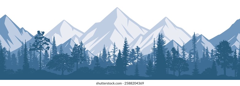 Mountain landscape with forest, morning haze, vector illustration, seamless border, panoramic view