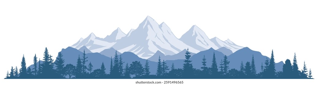 Mountain landscape with forest, morning haze, vector illustration, panoramic view