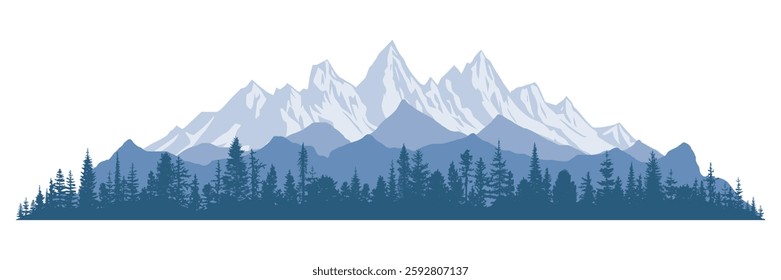 Mountain landscape with forest, morning haze, vector illustration, panoramic view