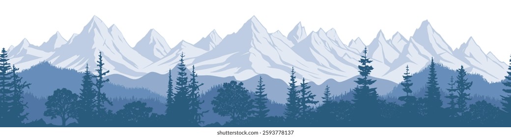 Mountain landscape with forest, morning haze, vector illustration, panoramic view