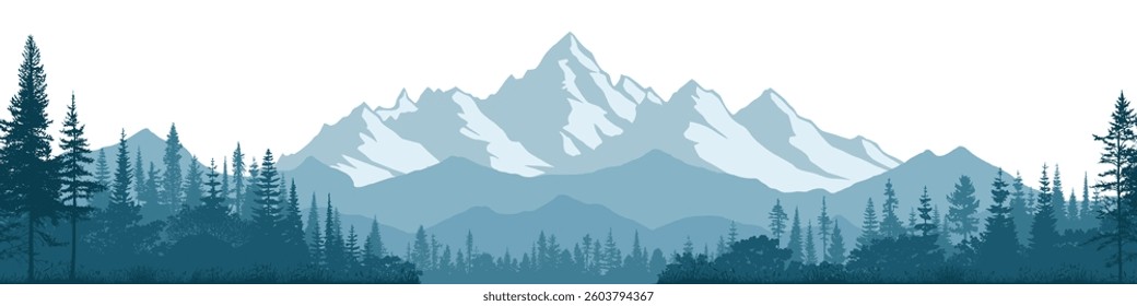 Mountain landscape with forest, morning haze, vector illustration, panoramic view
