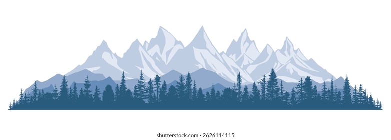 Paisagem de montanha com floresta, neblina matinal, ilustração vetorial, vista panorâmica