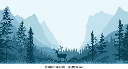 Paisagem de montanha com floresta, névoa matinal, veado na floresta, ilustração vetorial