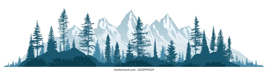 Mountain landscape with forest, morning haze, vector illustration, panoramic view