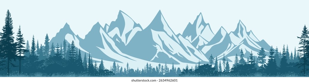 Paisagem de montanha com floresta, neblina matinal, ilustração vetorial, vista panorâmica