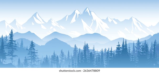 Mountain landscape with forest, morning haze, vector illustration, panoramic view