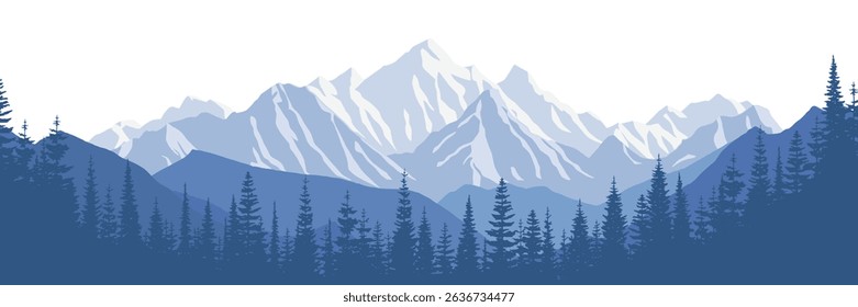 Mountain landscape with forest, morning haze, vector illustration, panoramic view