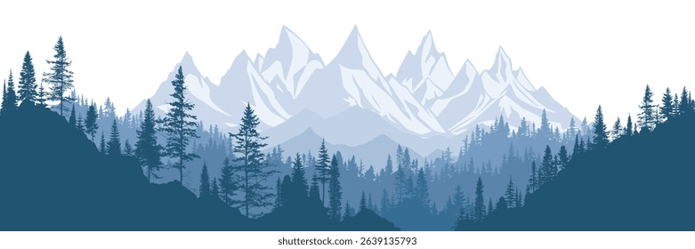 Mountain landscape with forest, morning haze, vector illustration, panoramic view