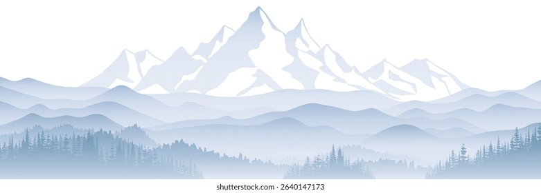 Mountain landscape with forest, morning haze, vector illustration, panoramic view