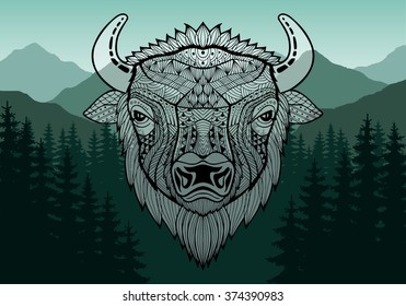 Mountain landscape. Forest mountains in the background. Picture for conversion. Patterned head bull, bison, buffalo in style zentangle. Tribal ornament painted by hand. Series ethnic animals. Vector.