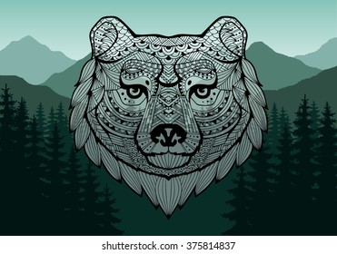 Mountain landscape. Forest mountains in the background. Picture for conversion. Patterned bear with a black stroke. Tribal ornament painted by hand. Bear Head on the background of mountains. Vector.