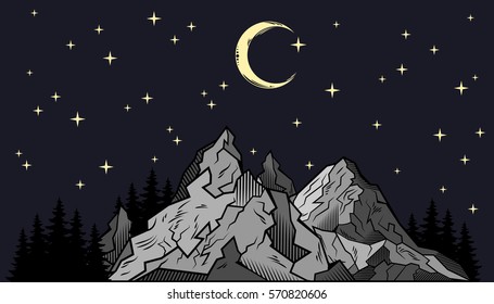 Mountain landscape and forest at night. The vast expanses of nature. Elements.