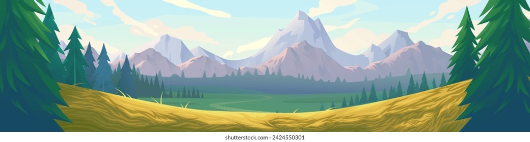 Paisaje de montaña. Panorama del bosque. Estilo plano.