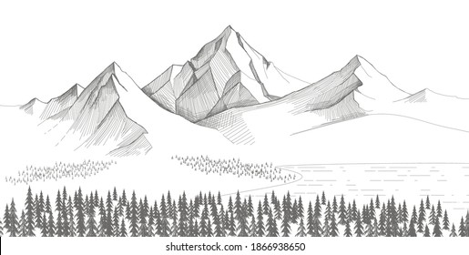 Mountain Landscape, forest pine trees sketch. Hand drawn vector Illustration.