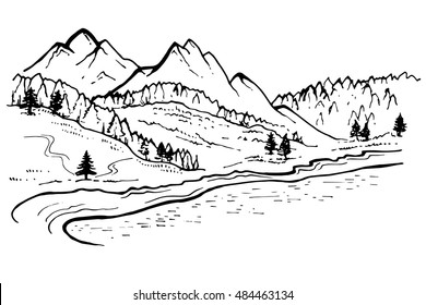 Mountain Landscape  forest pine trees sketch  Hand drawn vector Illustration 