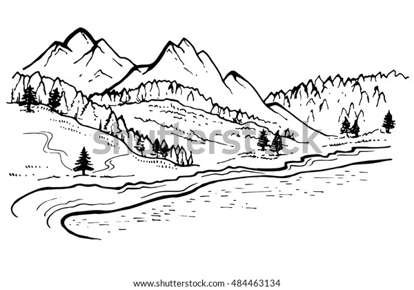 Mountain Landscape Forest Pine Trees Sketch Stock Vector (Royalty Free ...