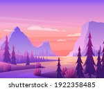 Mountain landscape with forest and river under purple sky vector illustration. Cartoon nature summer panorama scenery with pine tree silhouettes, river flowing to violet mountain on horizon background