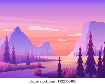 Mountain landscape with forest and river under purple sky vector illustration. Cartoon nature summer panorama scenery with pine tree silhouettes, river flowing to violet mountain on horizon background