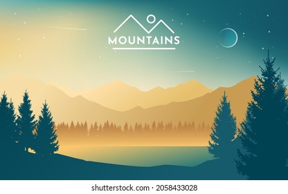 Mountain landscape. Forest. Sunset in the mountains. Morning sky.Travel concept. Adventure. Minimalist graphic flyers. Polygonal flat design for coupon, voucher, gift card. Vector illustration