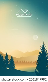 Mountain landscape. Forest. Sunset in the mountains. Morning sky.Travel concept. Adventure. Minimalist graphic flyers. Polygonal flat design for coupon, voucher, gift card. Vector illustration