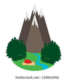Mountain landscape with forest and tent in the style of flat