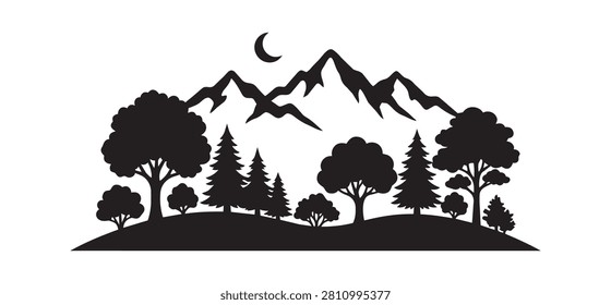 Mountain landscape with forest trees and crescent moon at nighttime view