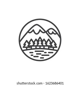 Mountain landscape with forest trees line icon. linear style sign for mobile concept and web design. Snowy mountains and trees outline vector icon. Symbol, logo illustration. Vector graphics