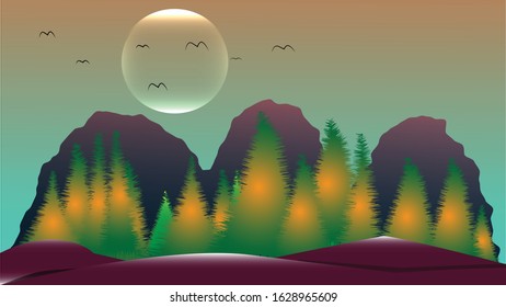 Mountain landscape  
 forest trees mountains and hills.Full moon with birds and mountains.