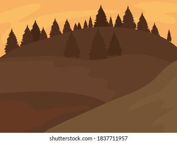Bergregion mit Wald unter abendlichem Himmel mit orangefarbenem Aufstieg, bunter Design, Vektorgrafik