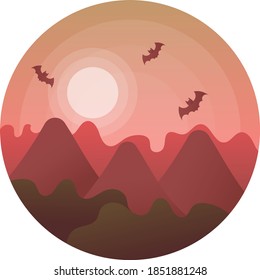 Mountain landscape with forest, under evening sky with moon or sun and flying birds Concept vector Icon Design, Hill Station Night View Sign