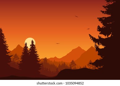 Mountain landscape with forest, under a orange sky with flying birds and sun or moon