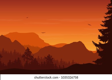 Mountain landscape with forest, under a orange sky with flying birds and clouds