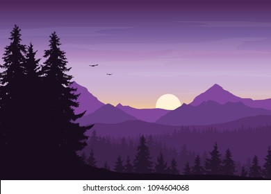 Mountain landscape with forest under a purple morning sky with rising sun, birds and clouds - vector