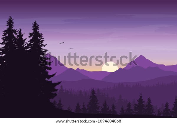 Mountain landscape with forest under a purple morning sky with rising sun, birds and clouds - vector