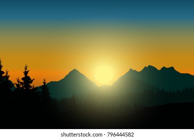 Mountain landscape with forest under the sky with rising and glowing sun - vector